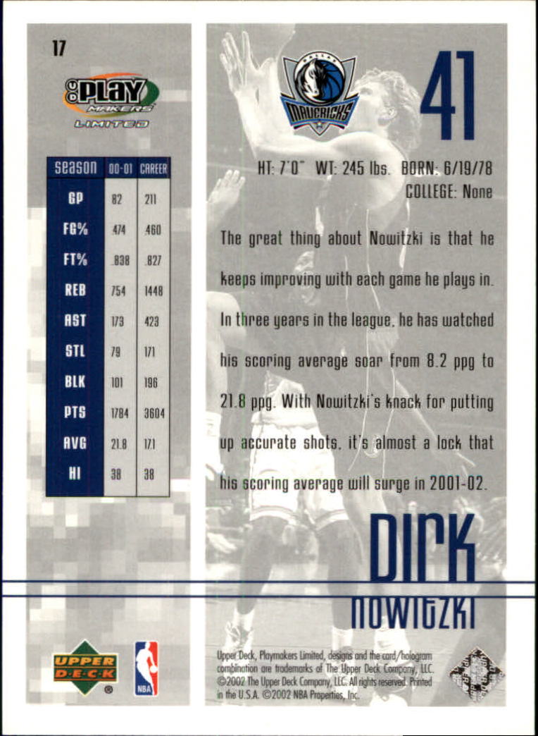 2001-02 Upper Deck Playmakers #17 Dirk Nowitzki back image