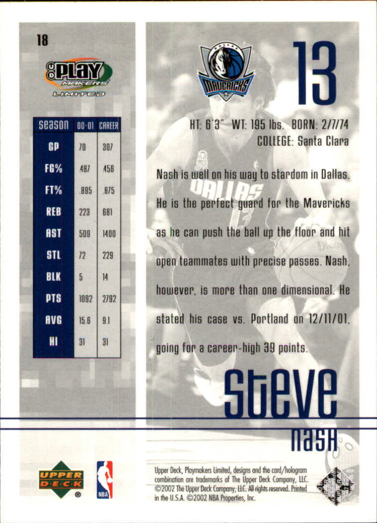 2001-02 Upper Deck Playmakers #18 Steve Nash back image
