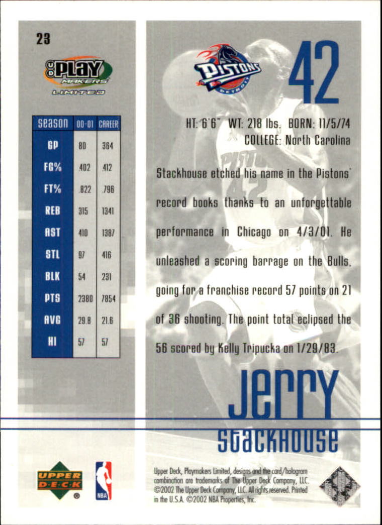 2001-02 Upper Deck Playmakers #23 Jerry Stackhouse back image