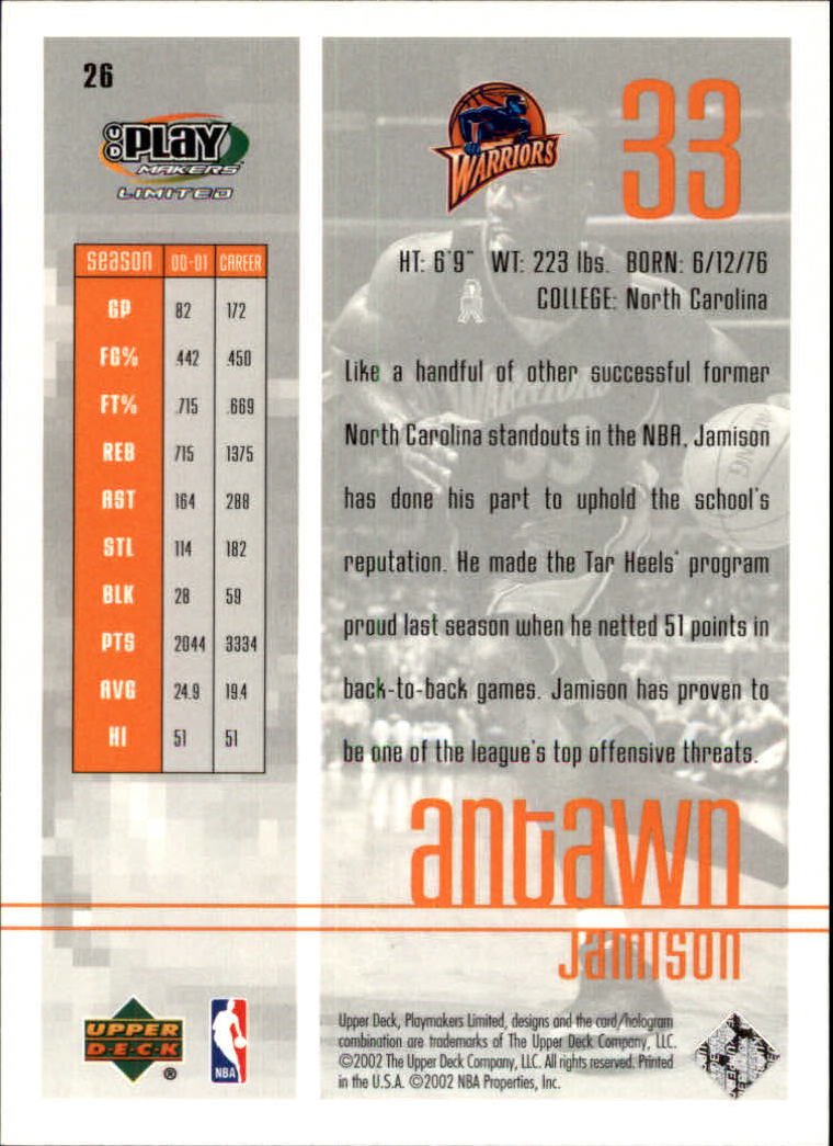 2001-02 Upper Deck Playmakers #26 Antawn Jamison back image