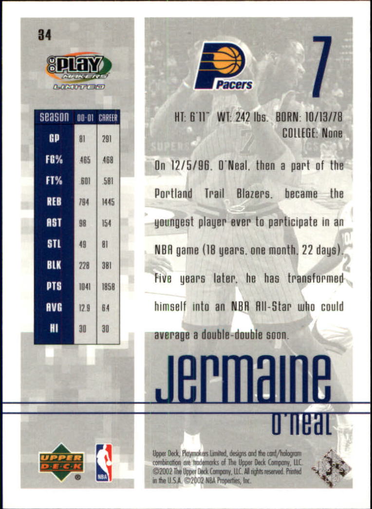 2001-02 Upper Deck Playmakers #34 Jermaine O'Neal back image