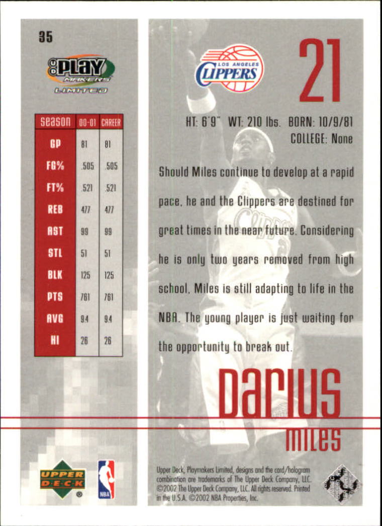 2001-02 Upper Deck Playmakers #35 Darius Miles back image