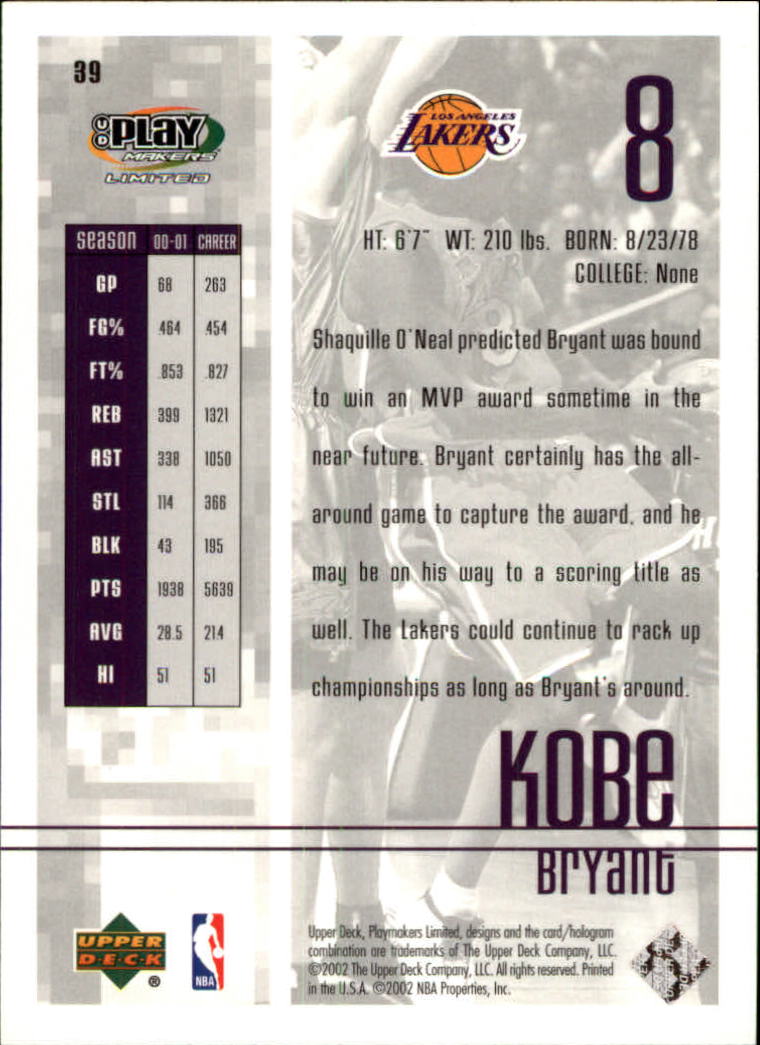 2001-02 Upper Deck Playmakers #39 Kobe Bryant back image