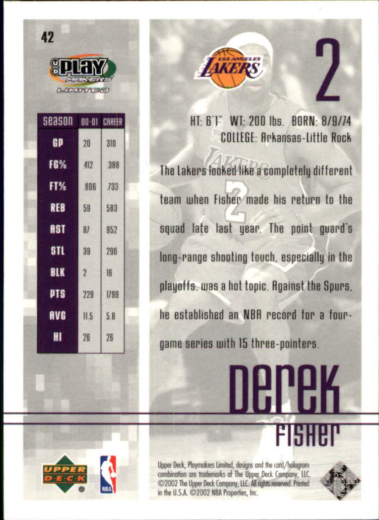 2001-02 Upper Deck Playmakers #42 Derek Fisher back image