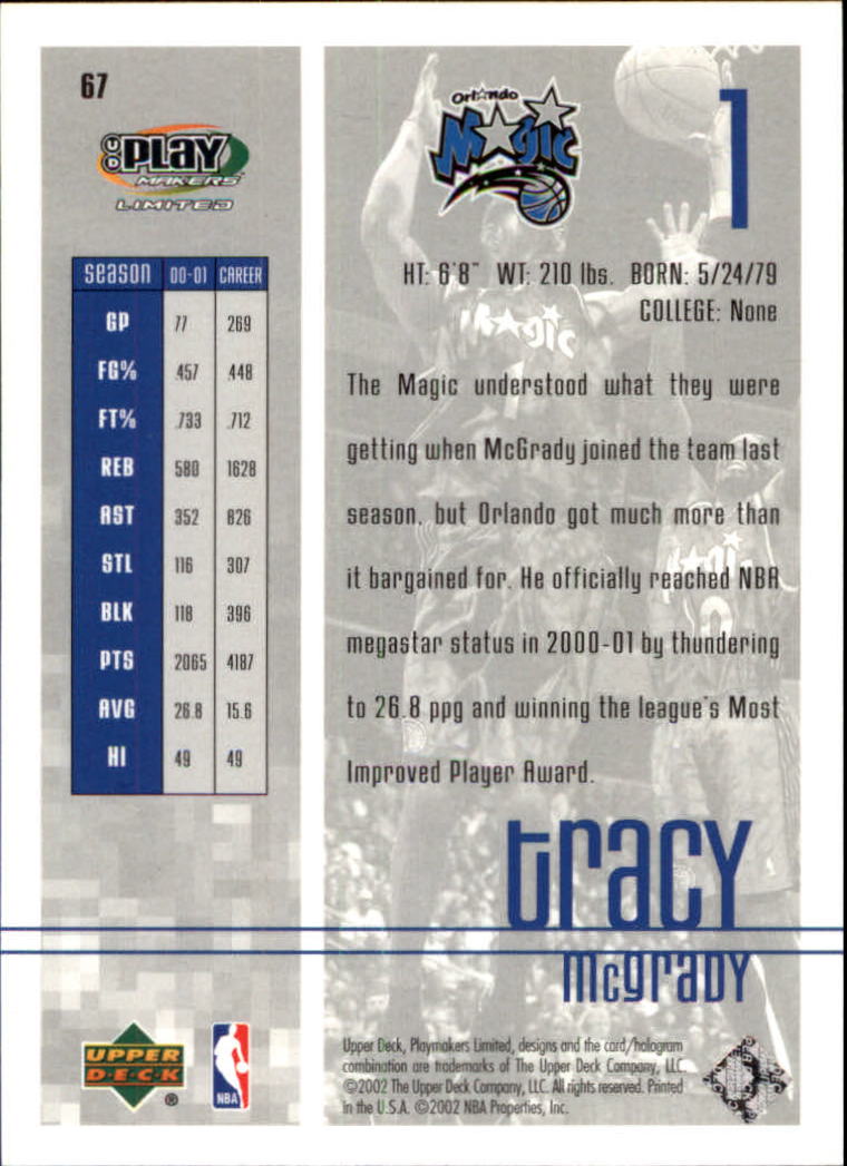 2001-02 Upper Deck Playmakers #67 Tracy McGrady back image
