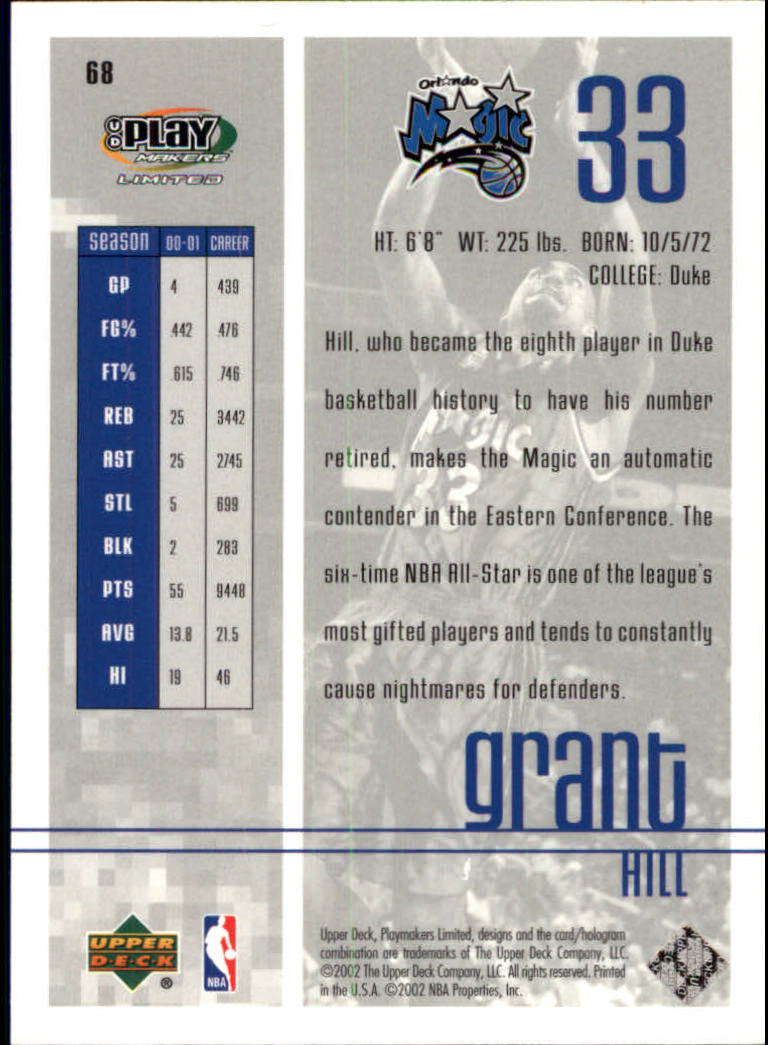 2001-02 Upper Deck Playmakers #68 Grant Hill back image
