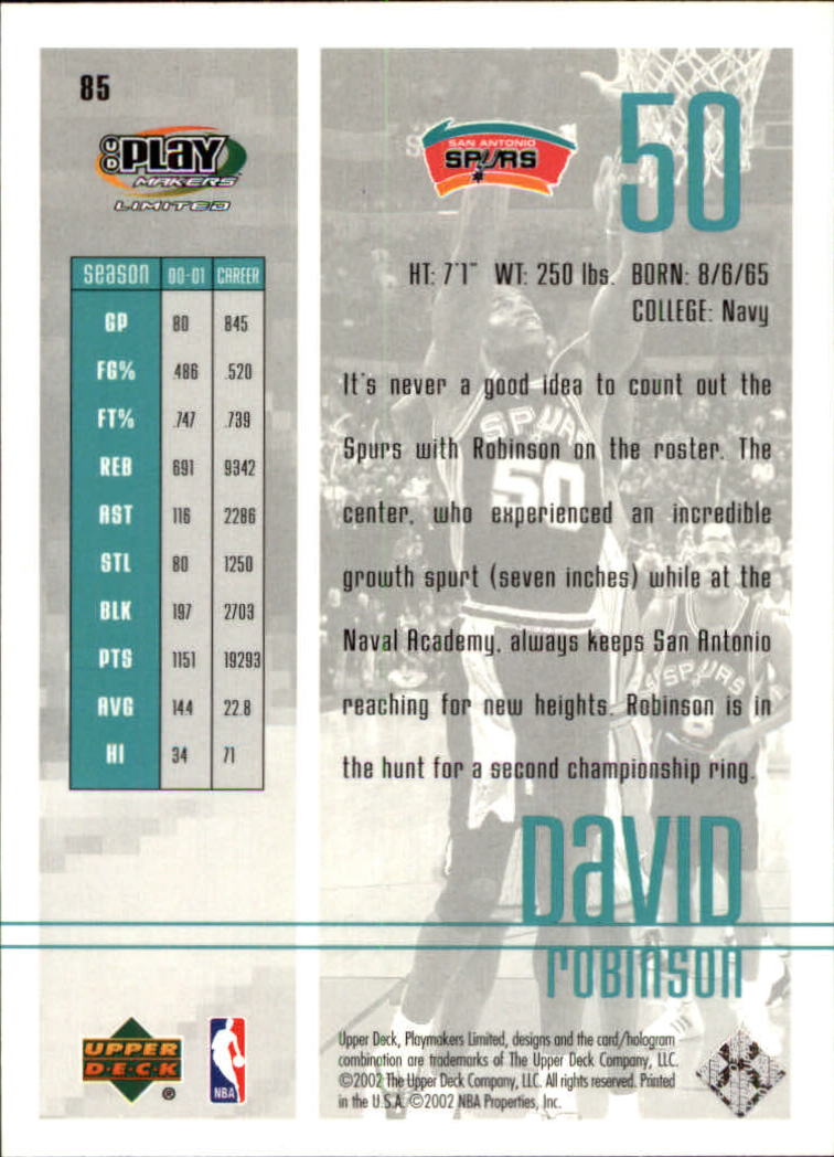 2001-02 Upper Deck Playmakers #85 David Robinson back image