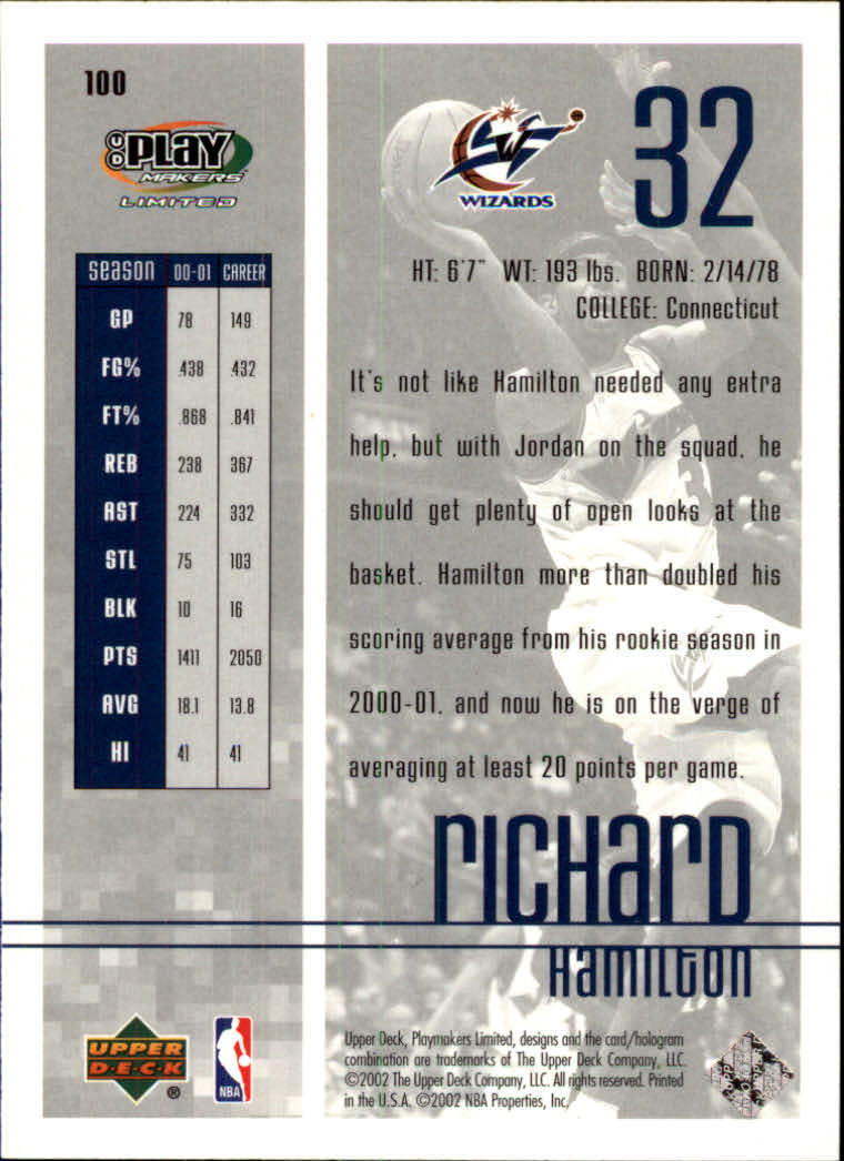2001-02 Upper Deck Playmakers #100 Richard Hamilton back image