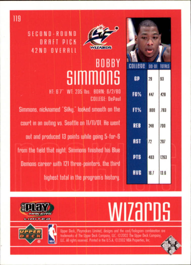2001-02 Upper Deck Playmakers #119 Bobby Simmons RC back image