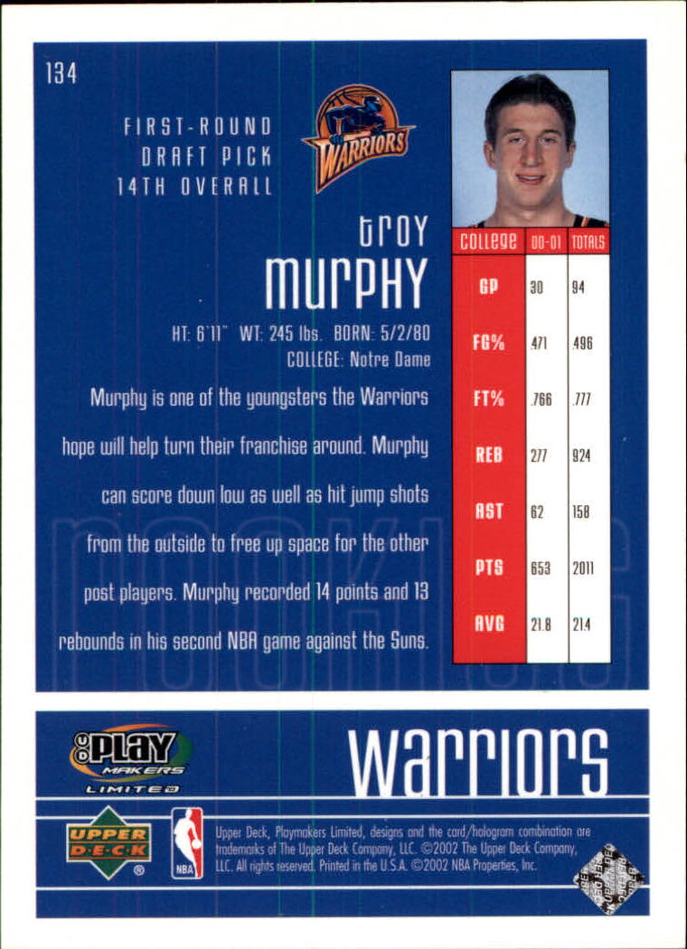 2001-02 Upper Deck Playmakers #134 Troy Murphy RC back image