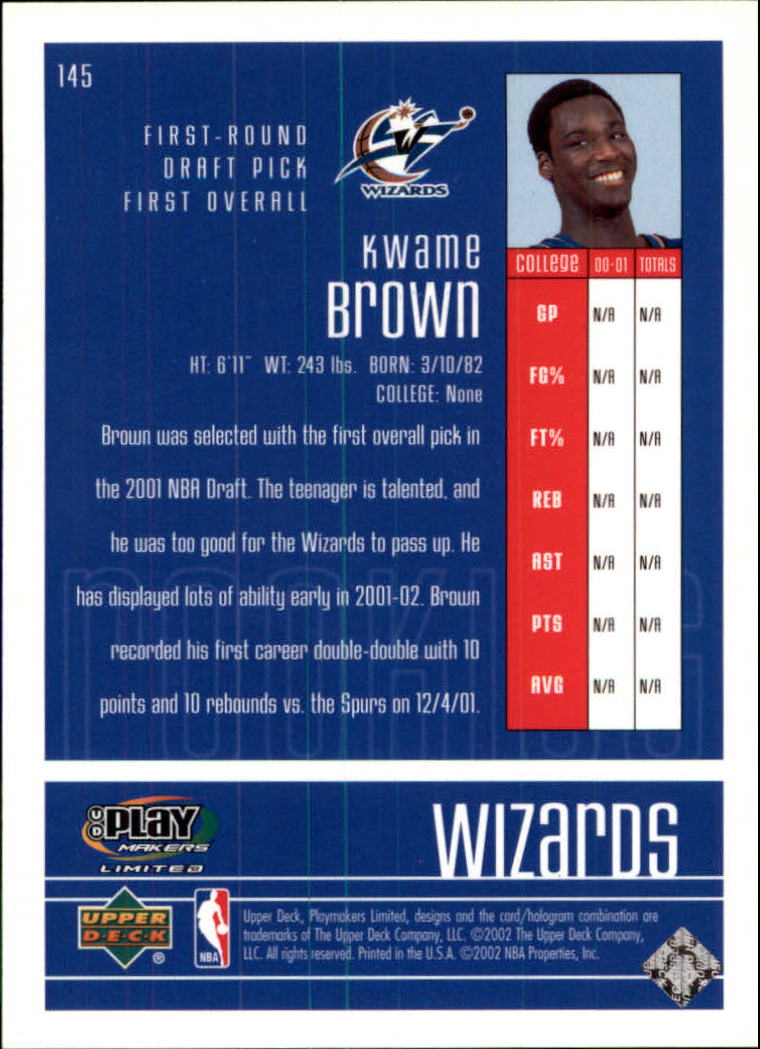 2001-02 Upper Deck Playmakers #145 Kwame Brown RC back image