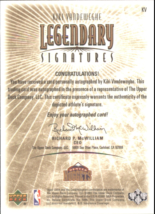 2001-02 Upper Deck Legends Legendary Signatures #KV Kiki Vandeweghe back image
