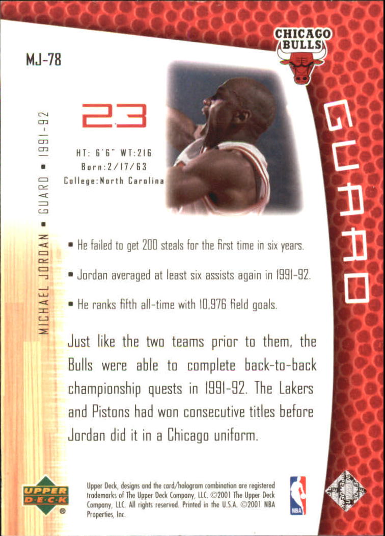 2001-02 Upper Deck MJ's Back #MJ78 Michael Jordan/Rookie Statistics back image
