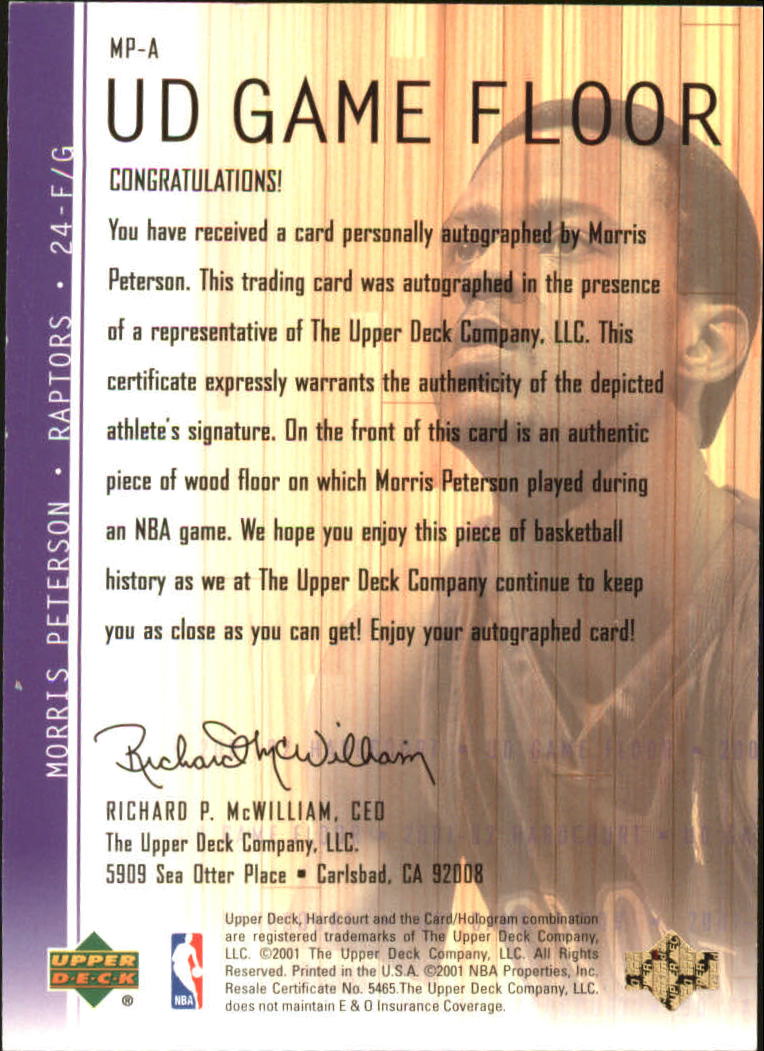 2001-02 Upper Deck Hardcourt UD Game Floor Autographs #MPA Morris Peterson back image