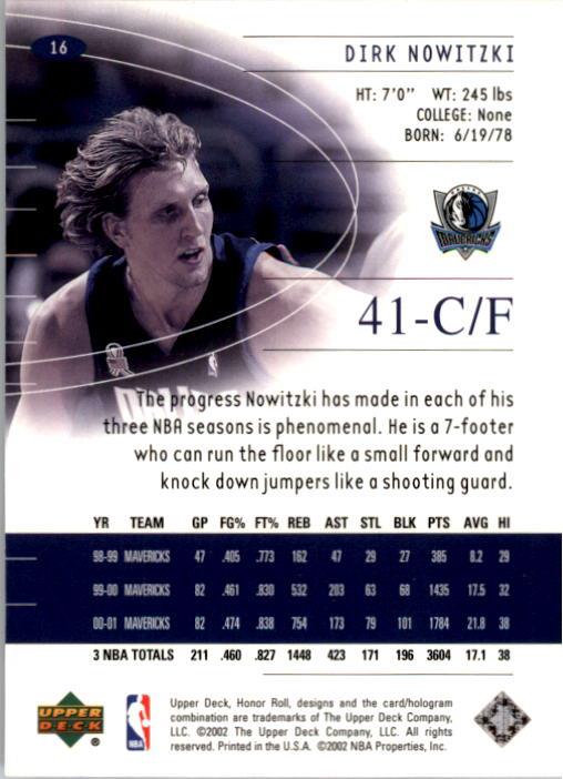 2001-02 Upper Deck Honor Roll #16 Dirk Nowitzki back image