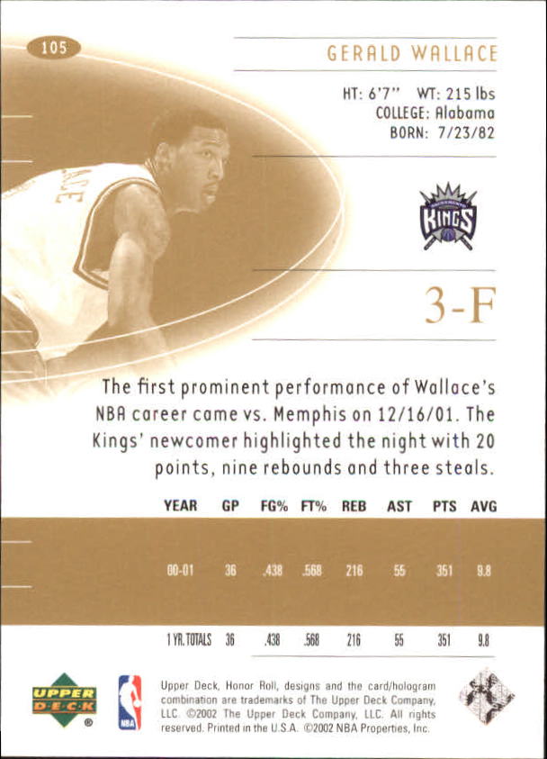 2001-02 Upper Deck Honor Roll #105 Gerald Wallace RC back image