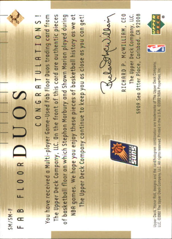 2001-02 Upper Deck Honor Roll Fab Floor Duos #8 Stephon Marbury/Shawn Marion back image