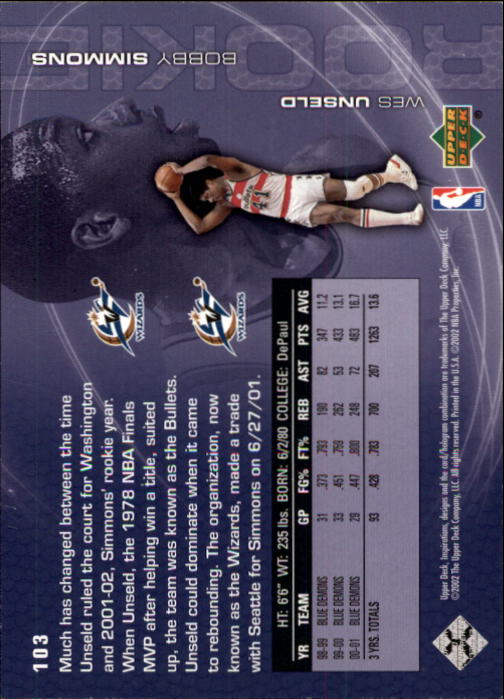 2001-02 Upper Deck Inspirations #103 Wes Unseld/Bobby Simmons RC back image