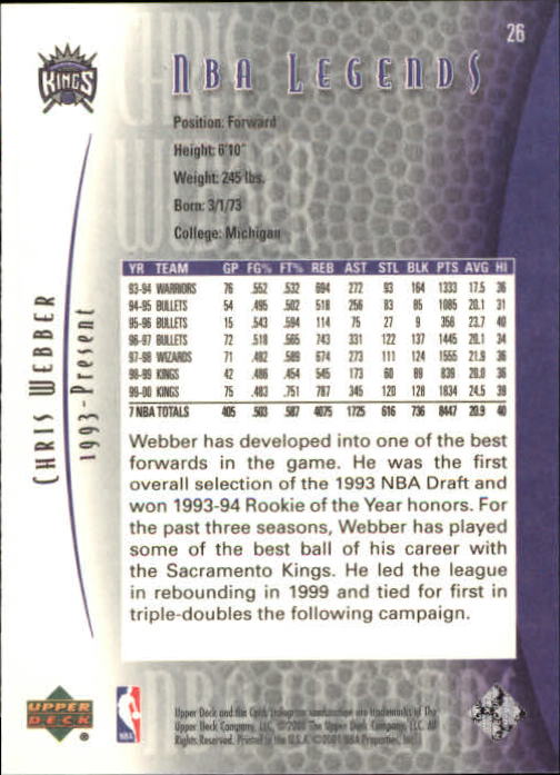 2001-02 Upper Deck Legends #26 Chris Webber back image