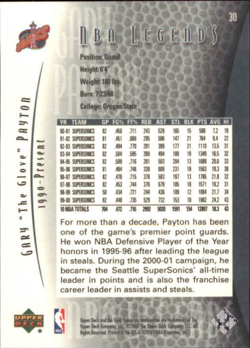 2001-02 Upper Deck Legends #30 Gary Payton back image