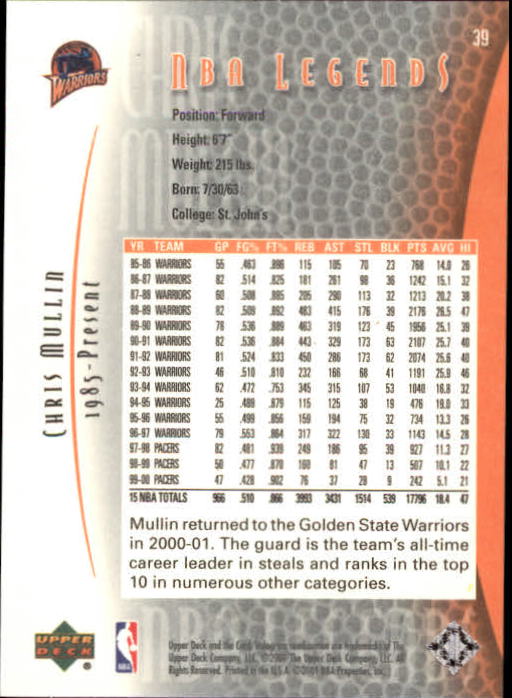 2001-02 Upper Deck Legends #39 Chris Mullin back image