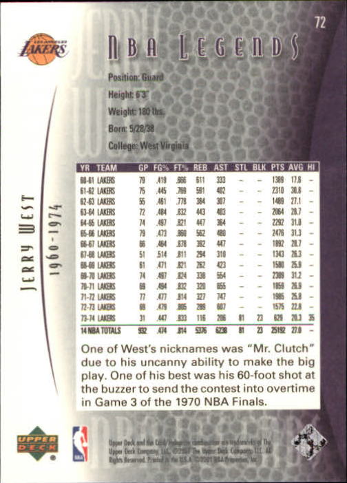 2001-02 Upper Deck Legends #72 Jerry West back image