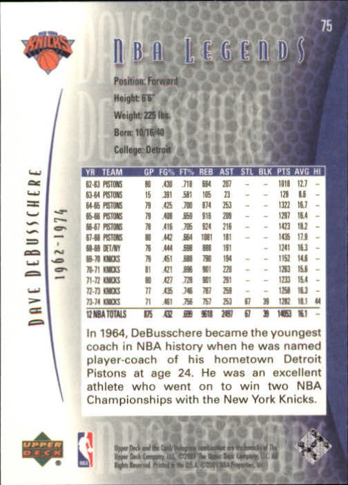 2001-02 Upper Deck Legends #75 Dave DeBusschere back image