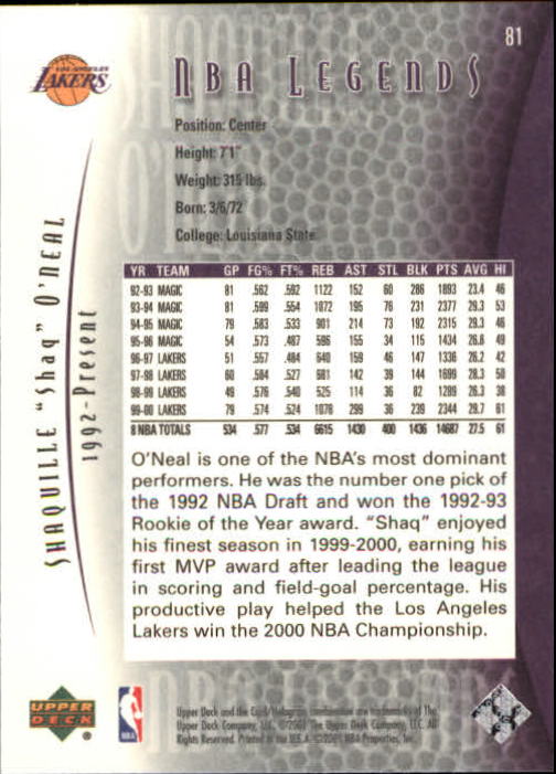 2001-02 Upper Deck Legends #81 Shaquille O'Neal back image