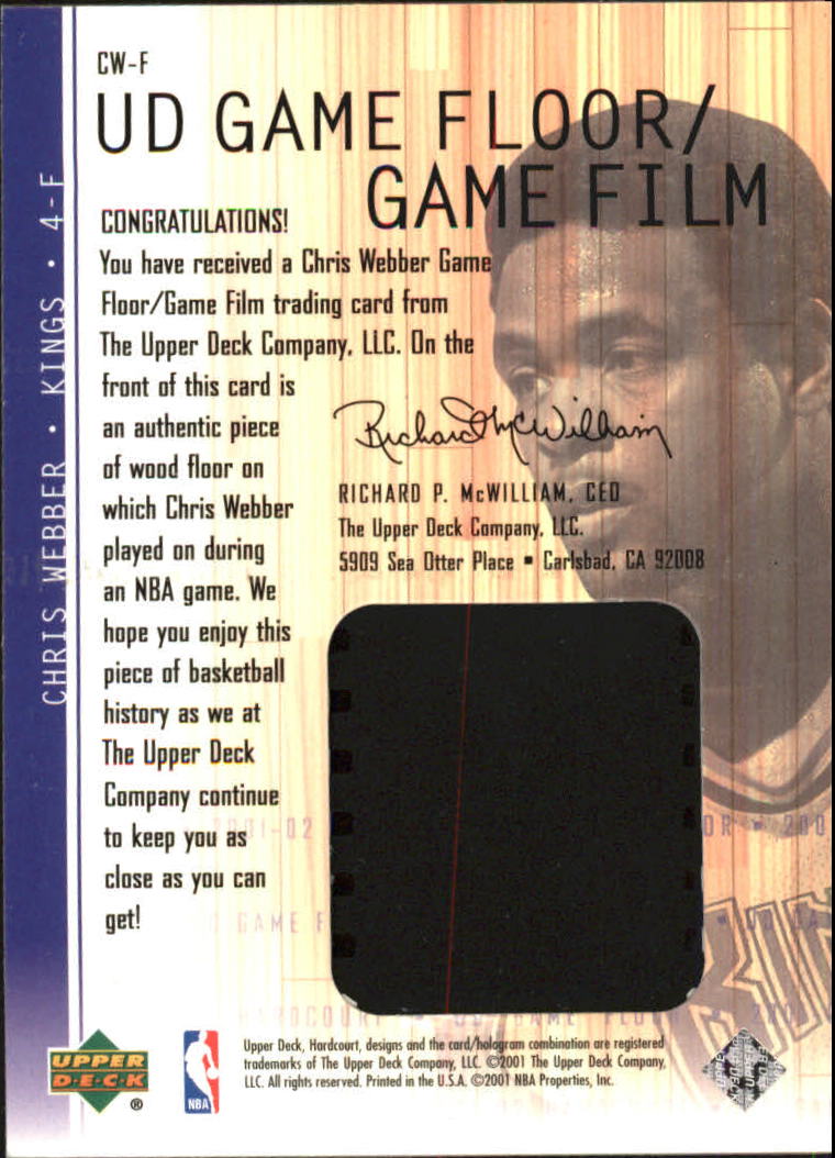 2001-02 Upper Deck Hardcourt UD Game Film/Floor #CWF Chris Webber back image