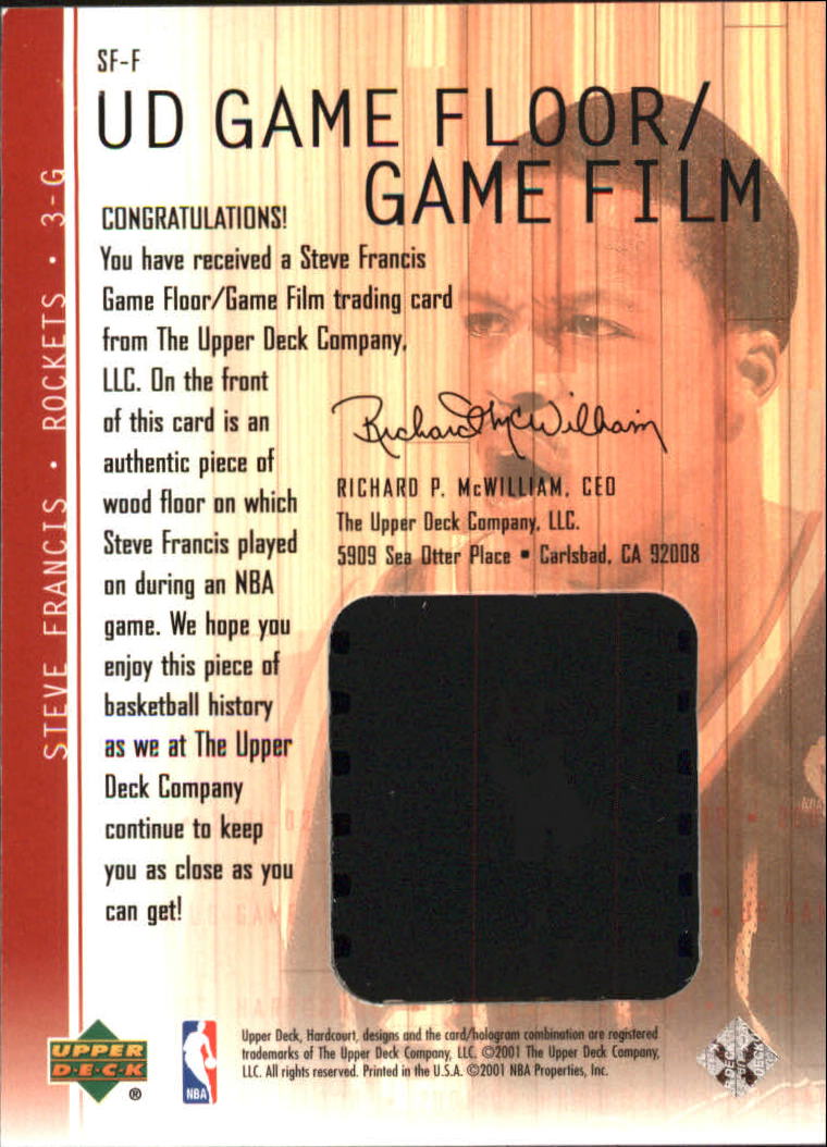 2001-02 Upper Deck Hardcourt UD Game Film/Floor #SFF Steve Francis back image