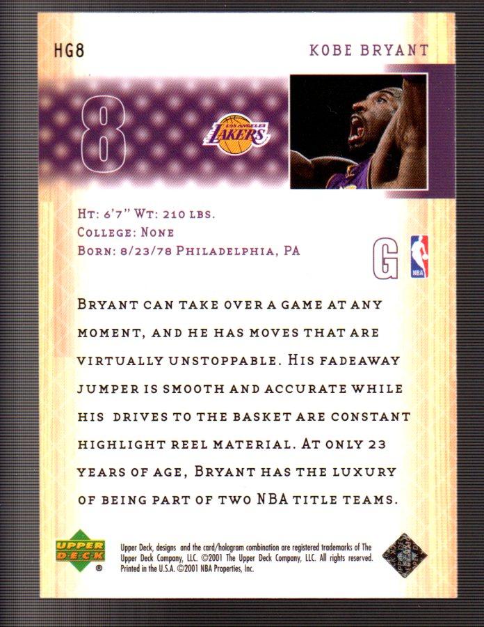 2001-02 Upper Deck Higher Ground #HG8 Kobe Bryant back image