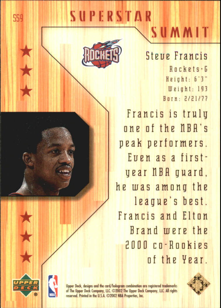 2001-02 Upper Deck Superstar Summit #SS9 Steve Francis back image