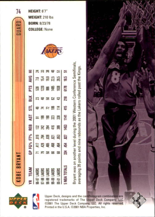 2001-02 Upper Deck #74 Kobe Bryant back image