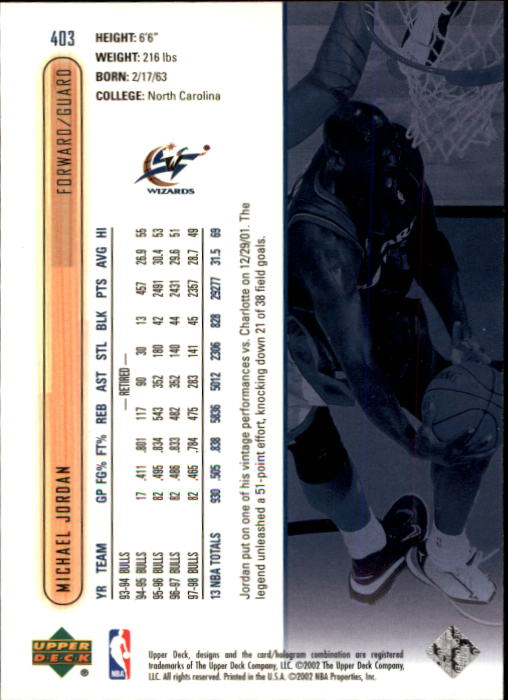 2001-02 Upper Deck #403 Michael Jordan back image