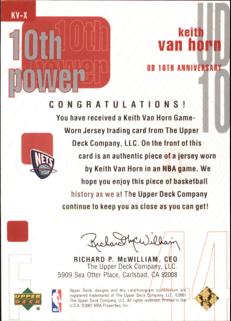 2001-02 Upper Deck 10th Power Game Jerseys #KVX Keith Van Horn back image