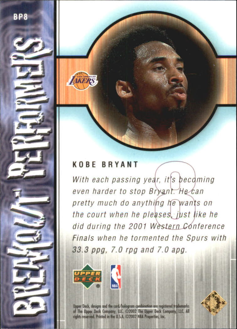 2001-02 Upper Deck Breakout Performers #BP8 Kobe Bryant back image
