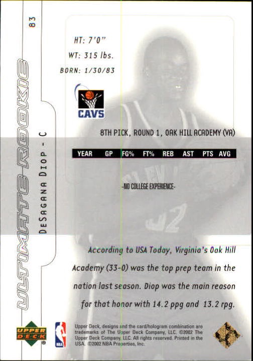 2001-02 Ultimate Collection #83 DeSagana Diop RC back image