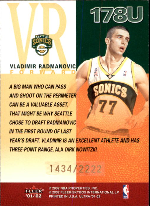 2001-02 Ultra #178U Vladimir Radmanovic RC back image