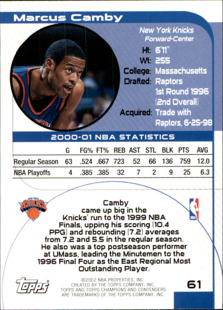 2001-02 Topps TCC #61 Marcus Camby back image