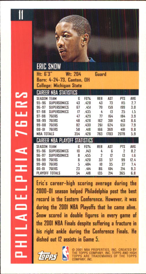 2001-02 Topps High Topps #11 Eric Snow back image