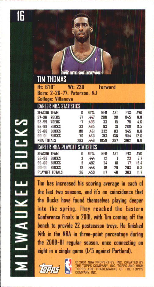 2001-02 Topps High Topps #16 Tim Thomas back image