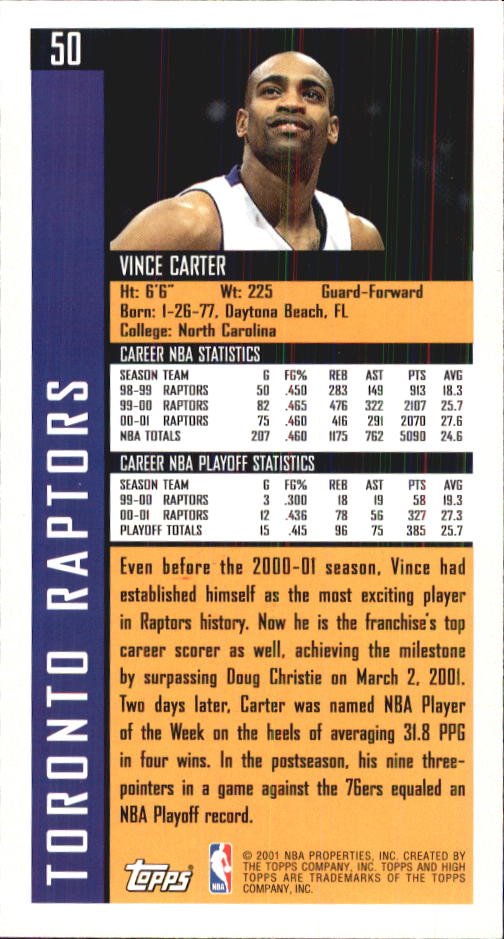 2001-02 Topps High Topps #50 Vince Carter back image