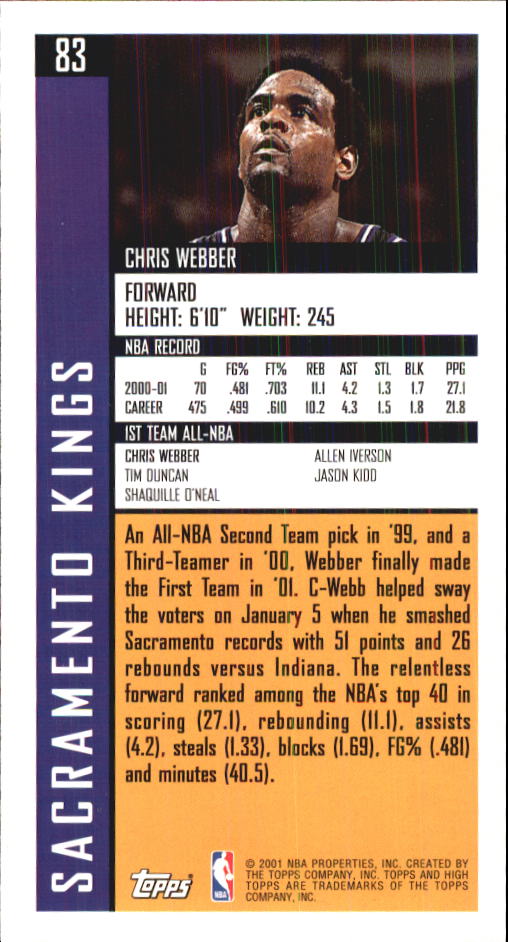 2001-02 Topps High Topps #83 Chris Webber AN back image