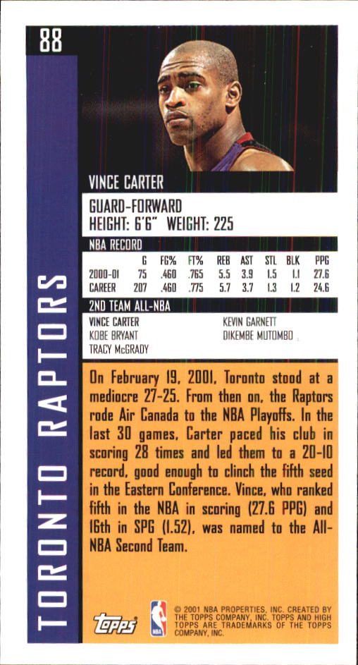 2001-02 Topps High Topps #88 Vince Carter AN back image