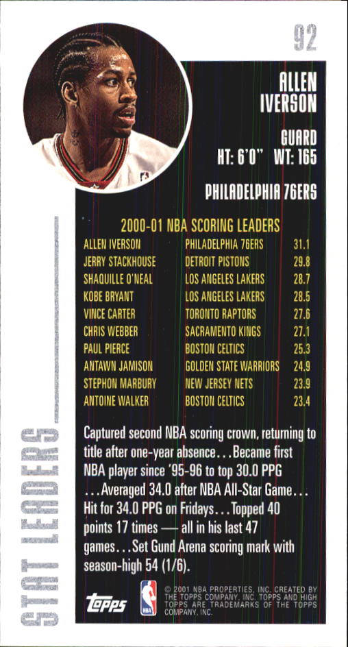 2001-02 Topps High Topps #92 Allen Iverson SL back image