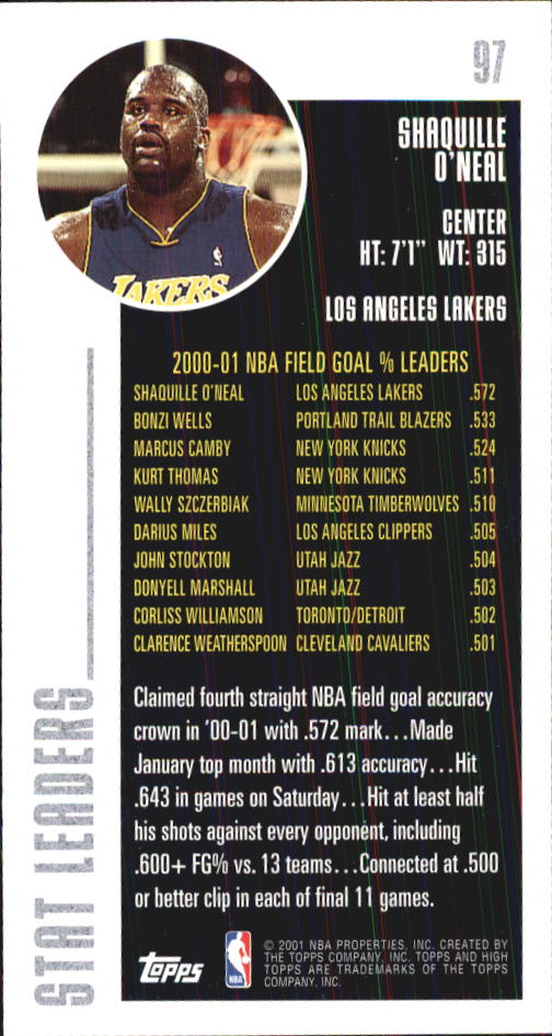 2001-02 Topps High Topps #97 Shaquille O'Neal SL back image