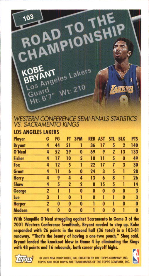 2001-02 Topps High Topps #103 Kobe Bryant RTC back image