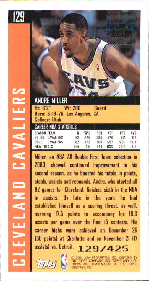 2001-02 Topps High Topps #129 Andre Miller JSY back image