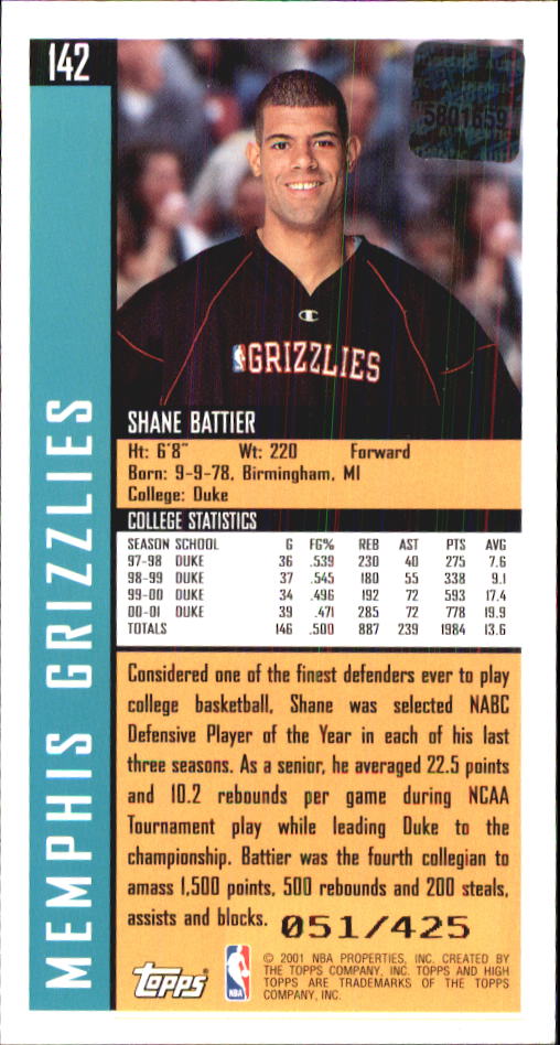 2001-02 Topps High Topps #142 Shane Battier JSY RC back image