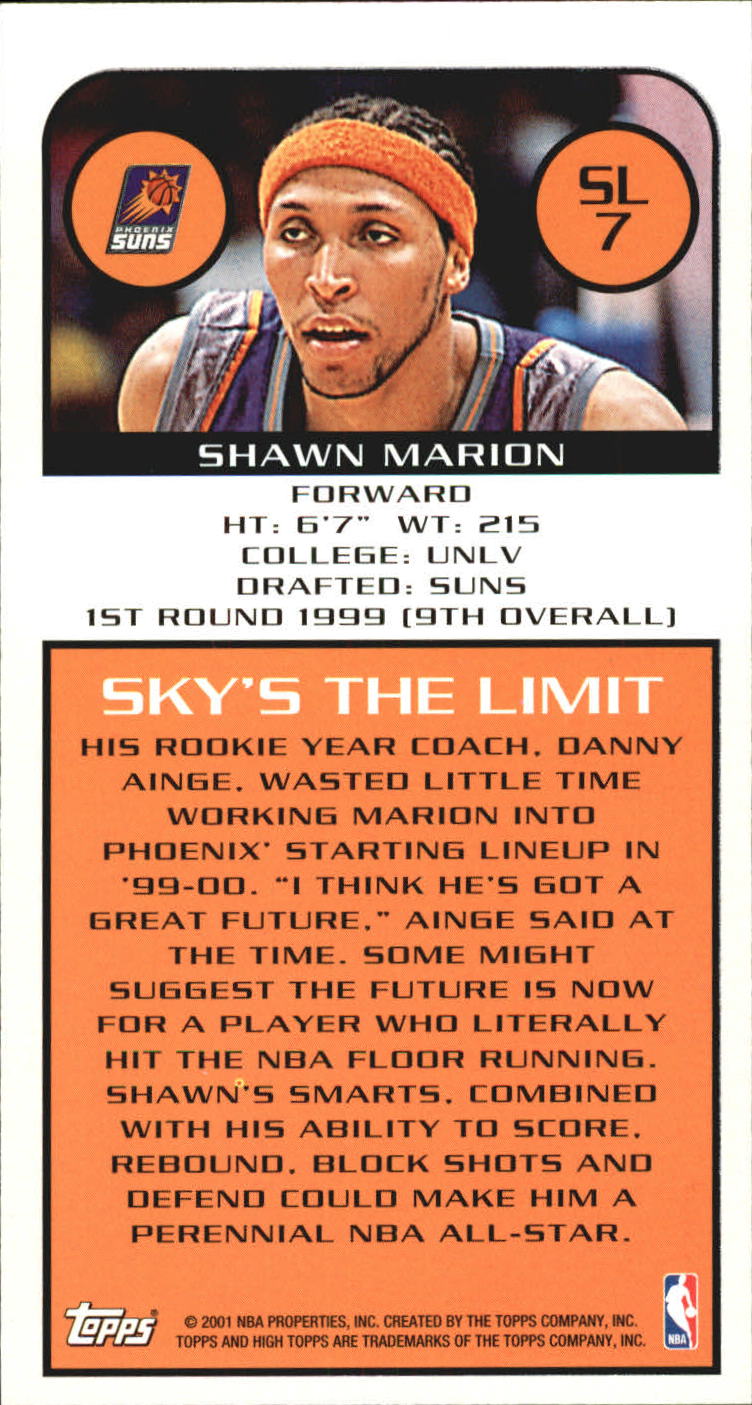 2001-02 Topps High Topps Sky's The Limit #SL7 Shawn Marion back image